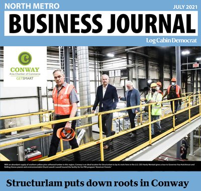 Cover of the July 2021 issue of the North Metro Business Journal, titled, "Structurlam puts down roots in Conway."